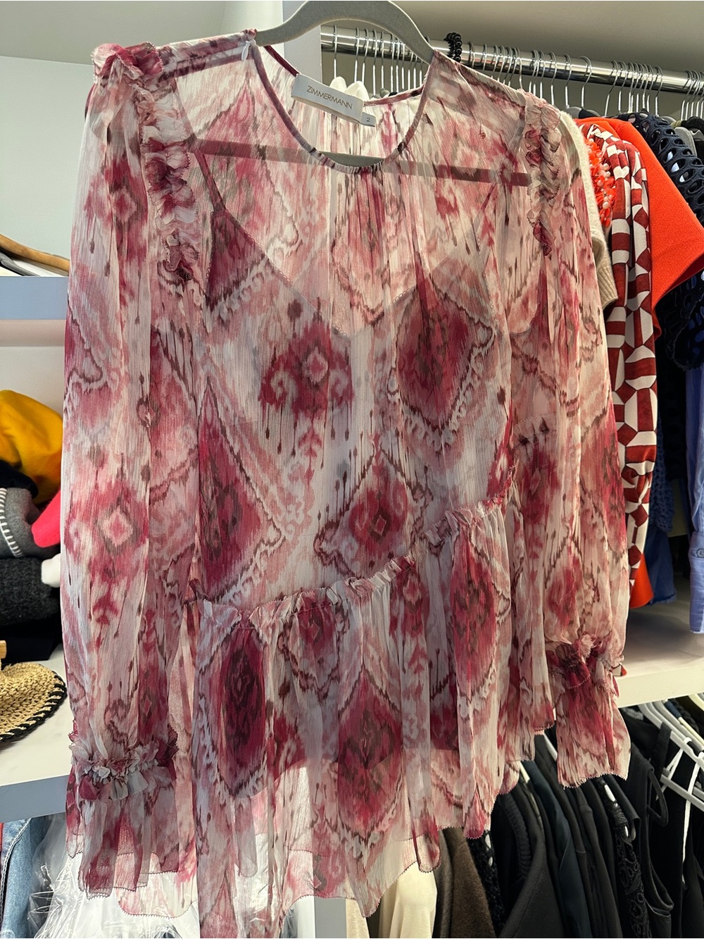 Zimmermann Pink and White Ikat-Print Sheer Ruffle Blouse